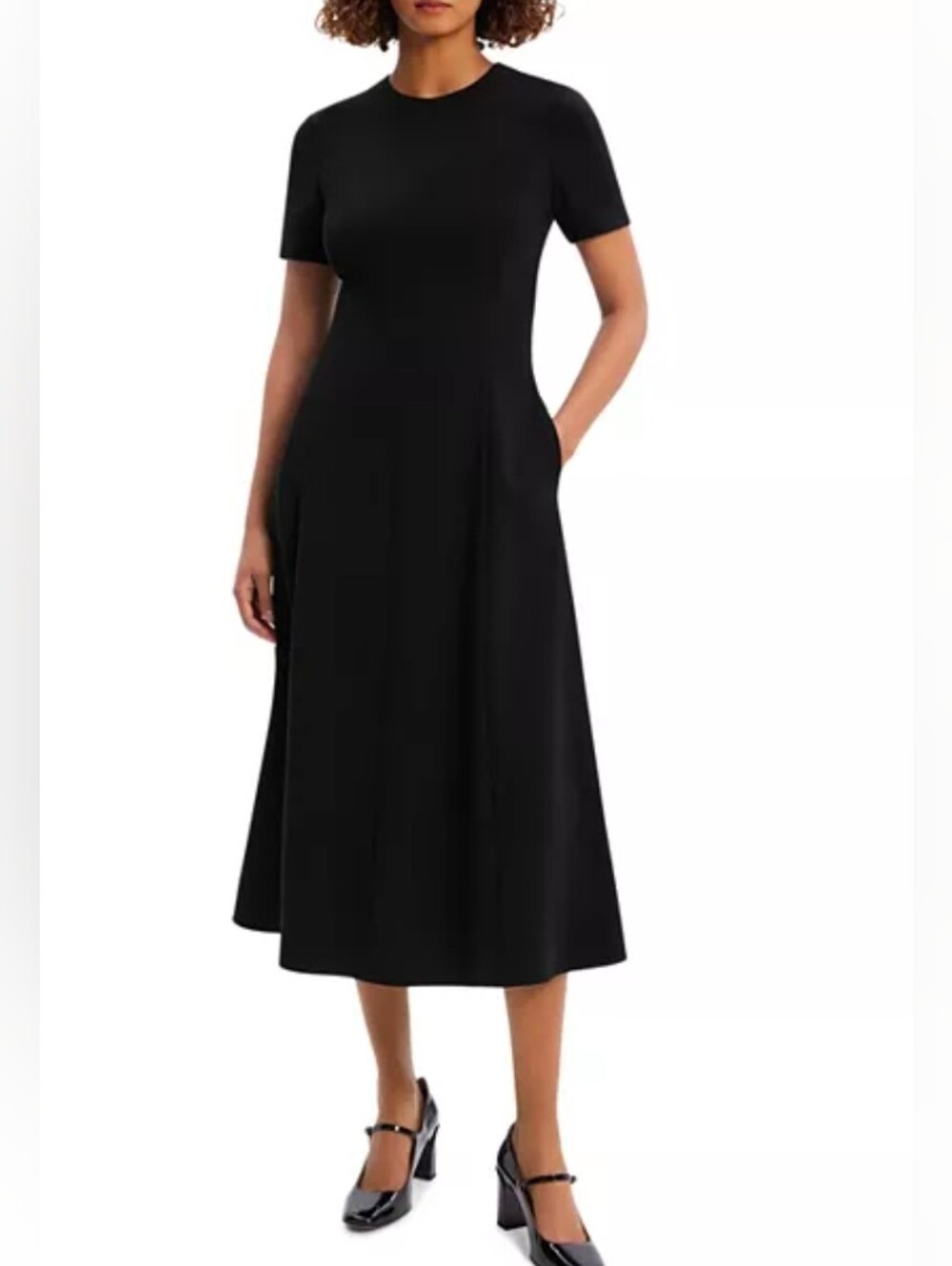 Theory Admiral Crepe Flared Short Sleeve Midi Dress Black Size 6